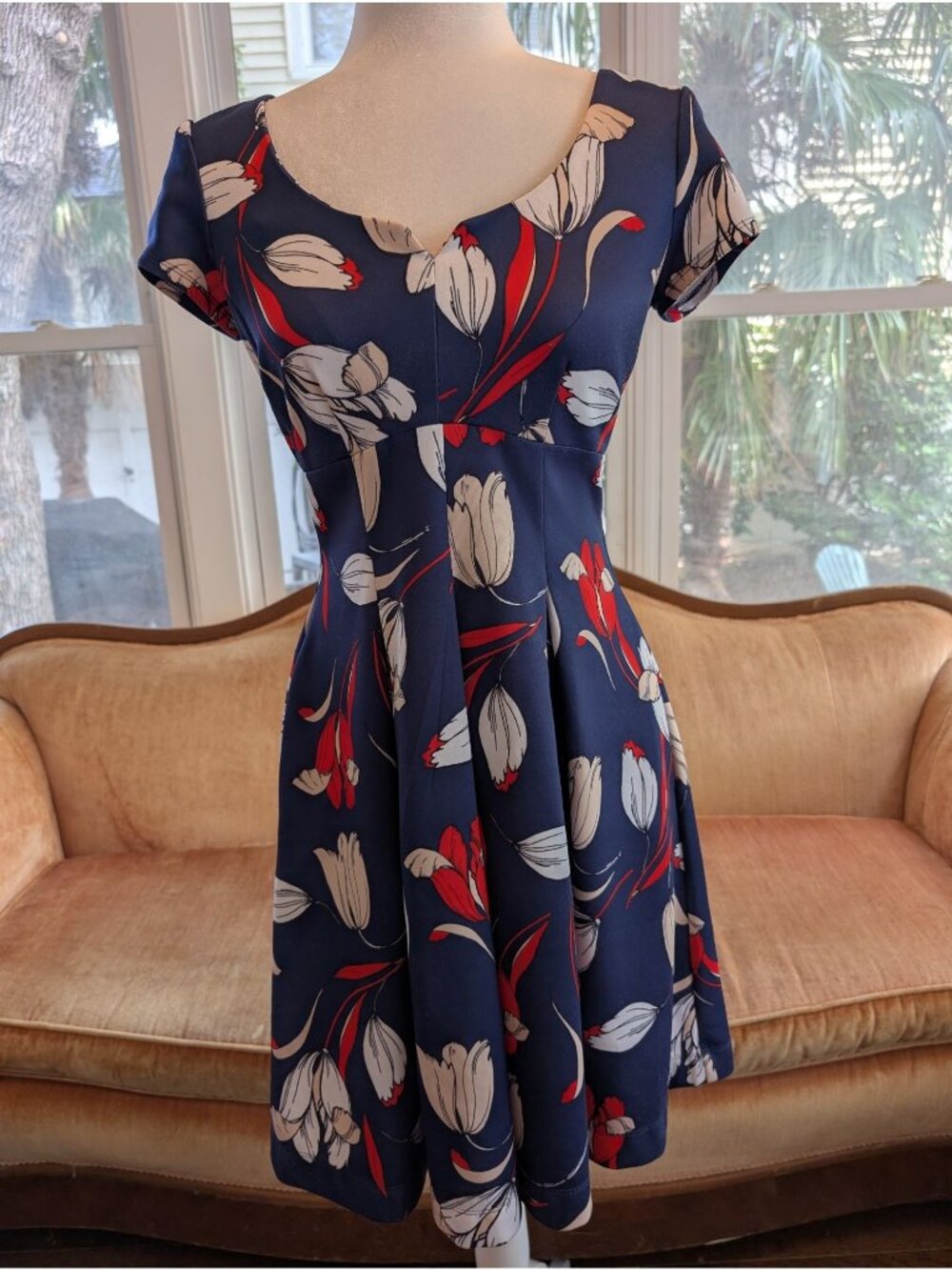 Julian Taylor Red White Blue Floral Print Fit & Flare Dress Size 6 Festive July